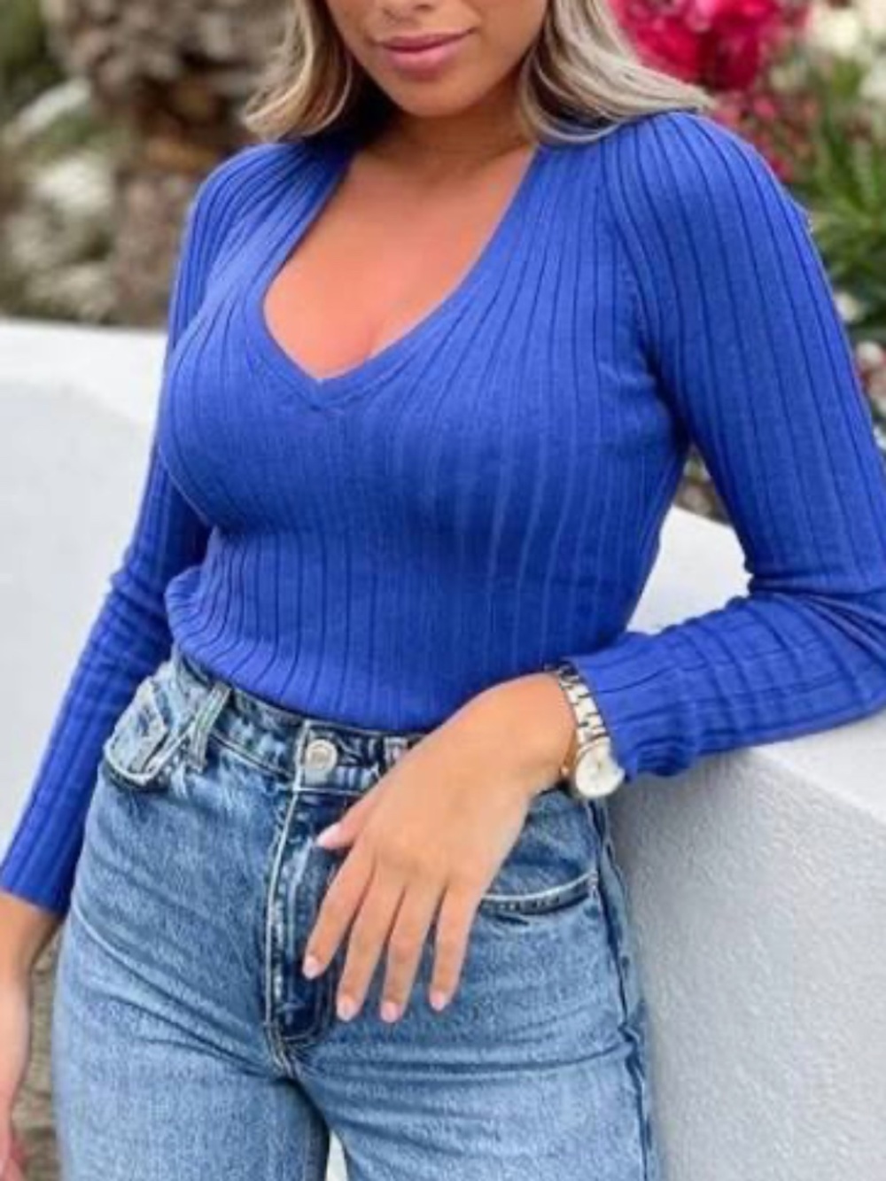 Zara Ribbed V-Neck Long Sleeve